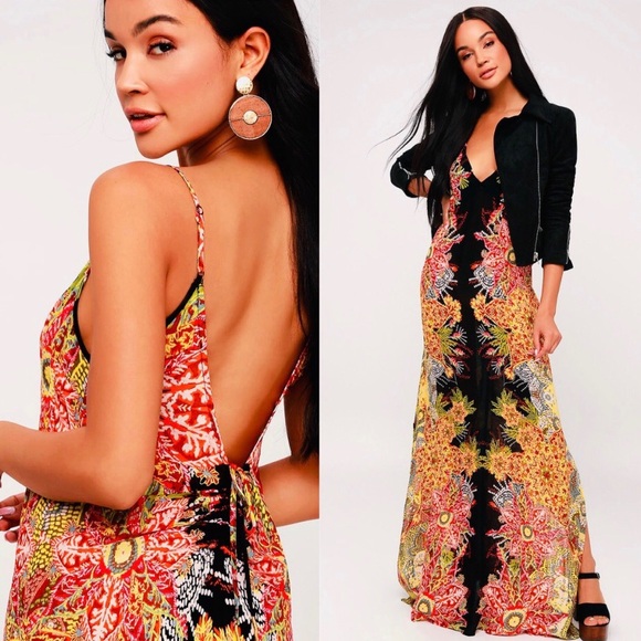 Free People Wildflower Black Multi Print Maxi Slip - Picture 2 of 4